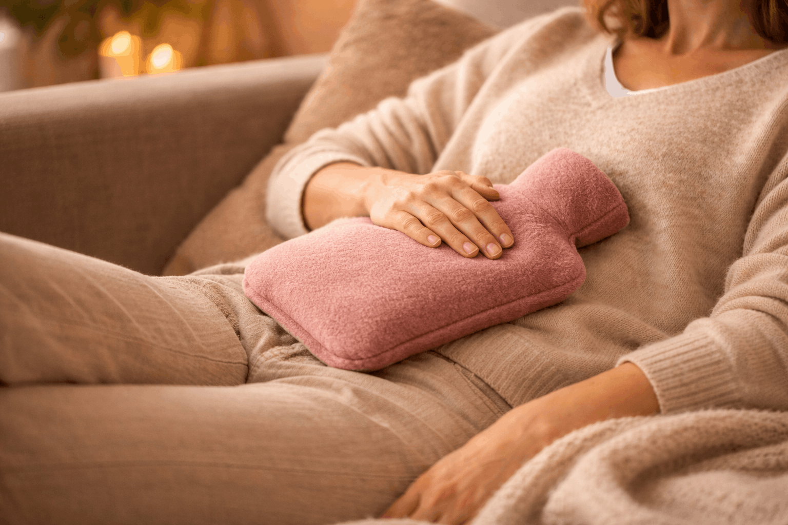 Wärmflasche auf dem Bauch bei Blähbauch durch Stress zur Beruhigung des Nervensystems