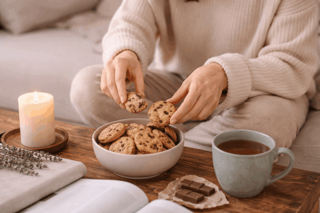 Frau sitzt entspannt mit Tee auf dem Sofa und beruhigt ihr Nervensystem gegen stressbedingte Heißhungerattacken