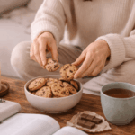 Frau sitzt entspannt mit Tee auf dem Sofa und beruhigt ihr Nervensystem gegen stressbedingte Heißhungerattacken