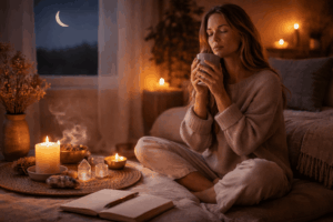 Ruhige Frau bei Neumond Ritual mit Kerze zur Förderung von innerer Ruhe und zur Beruhigung des Nervensystems