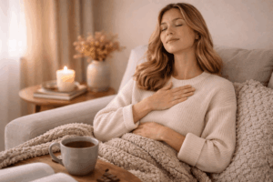 Frau entspannt sich mit Tee und Atemübung zur Stressregulation um Heißhungerattacken zu vermeiden