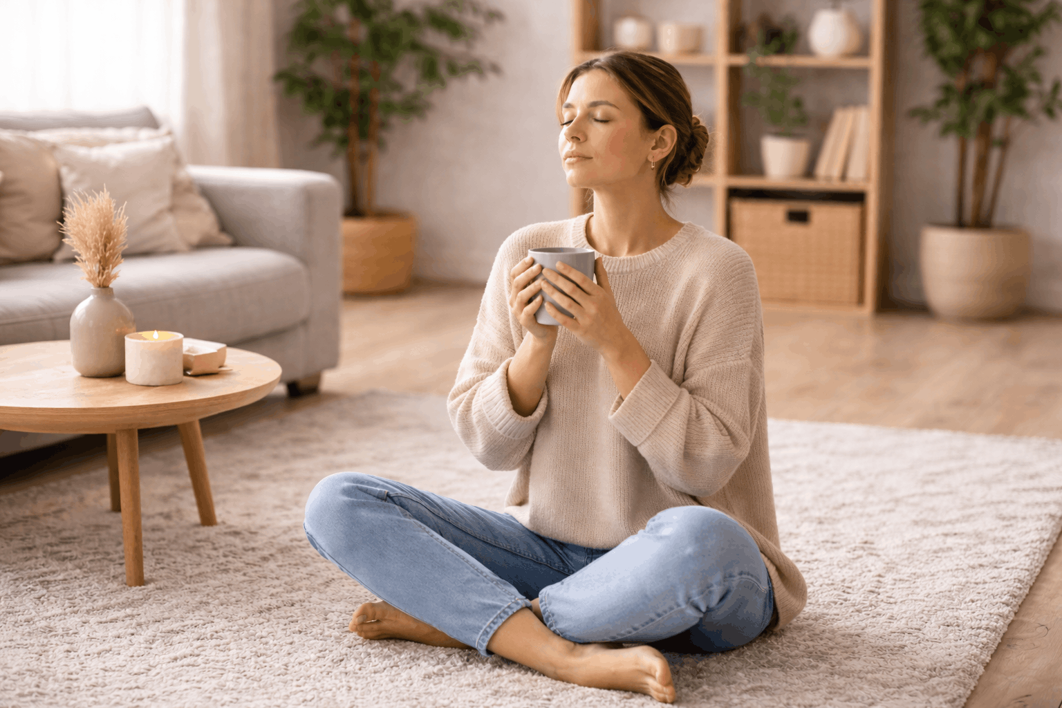 Frau sitzt ruhig auf Teppich und erdet sich mit 5-4-3-2-1 Methode zur Beruhigung bei Panikattacke