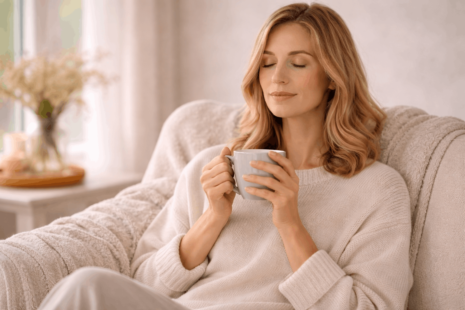 Frau sitzt entspannt mit Tee im Wohnzimmer und reduziert Stress sowie Reizüberflutung durch bewusste Pause