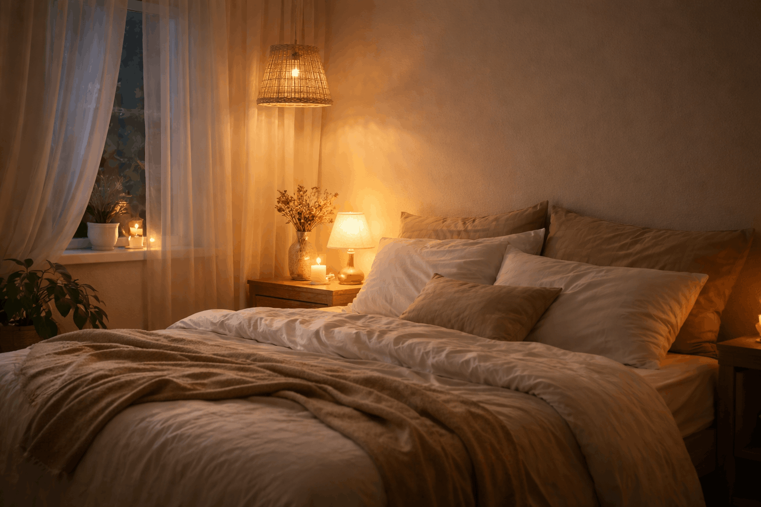 Ruhiges Schlafzimmer bei Nacht mit sanftem Licht für besseren Schlaf und weniger nächtliches Aufwachen um 3 Uhr