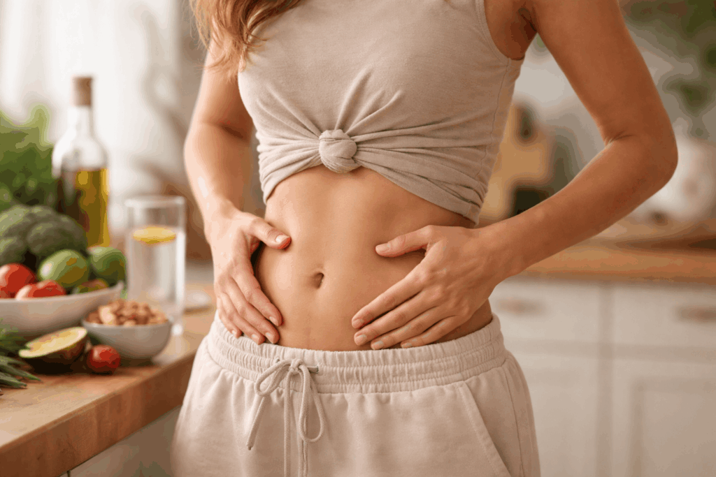 Frau hält Bauch, Symbol für Entzündungen im Körper und blockierten Fettabbau