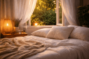 Sommerliches Schlafzimmer mit offenem Fenster und leichter Bettwäsche als Symbol für Tipps gegen Schlafprobleme im Sommer und Nervensystem beruhigen