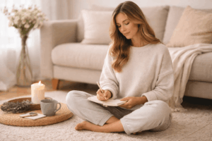 Frau reflektiert ihr Energielevel im Alltag und plant bewusst Pausen zur Stressreduktion und Nervensystem Regulierung