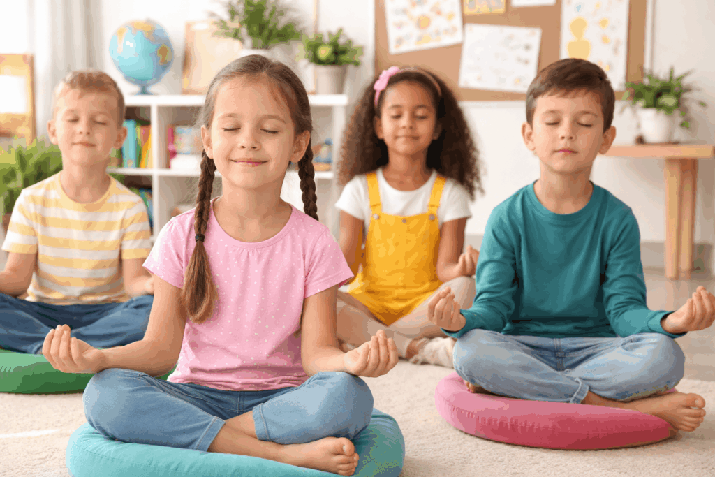 Kinder machen Entspannungsübungen in der Grundschule und sitzen ruhig im Klassenzimmer im Schneidersitz zur Förderung von Konzentration und innerer Ruhe