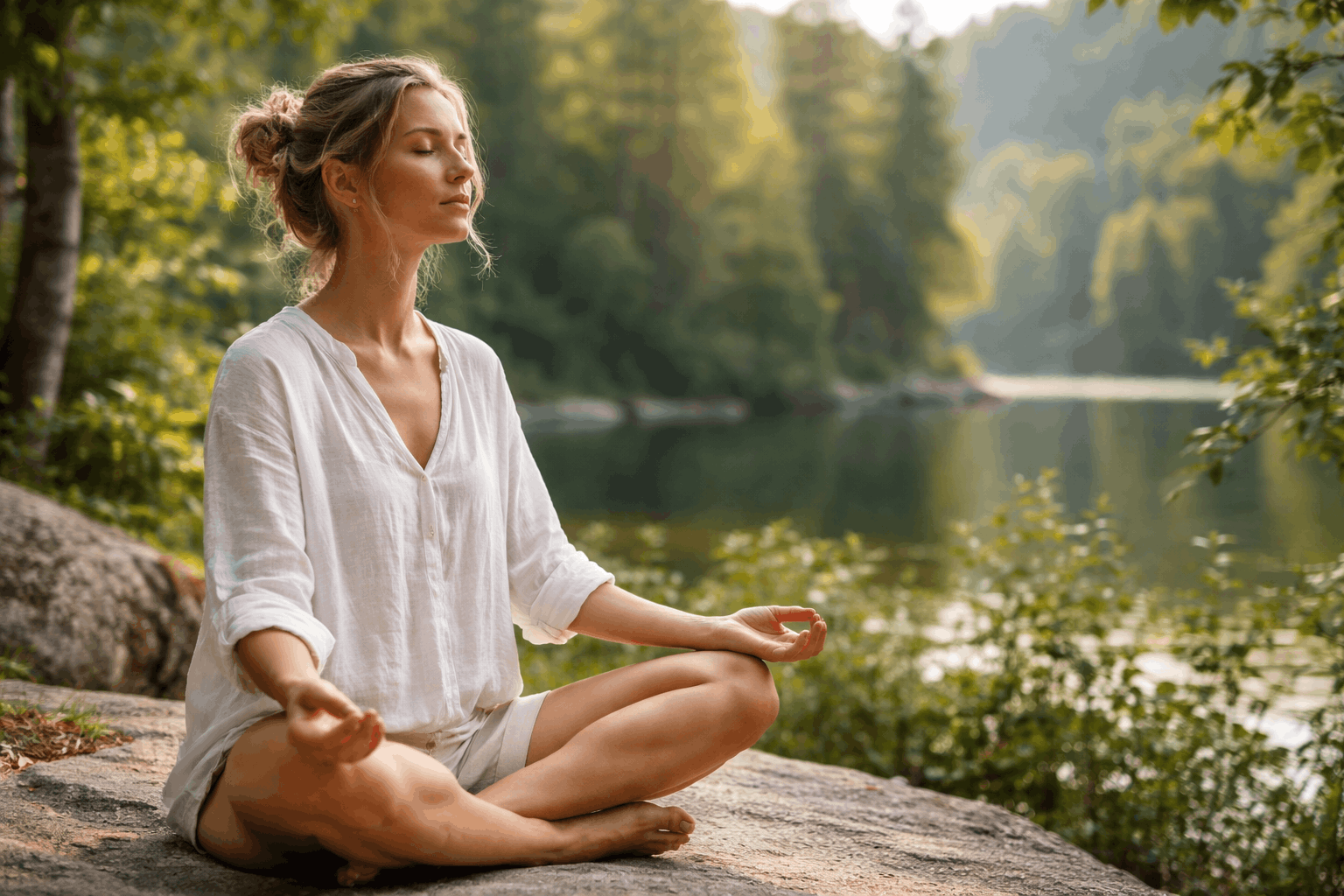 Frau macht Atemübung in ruhiger Natur – Entspannungsübungen Atmung für Entspannung im Urlaub