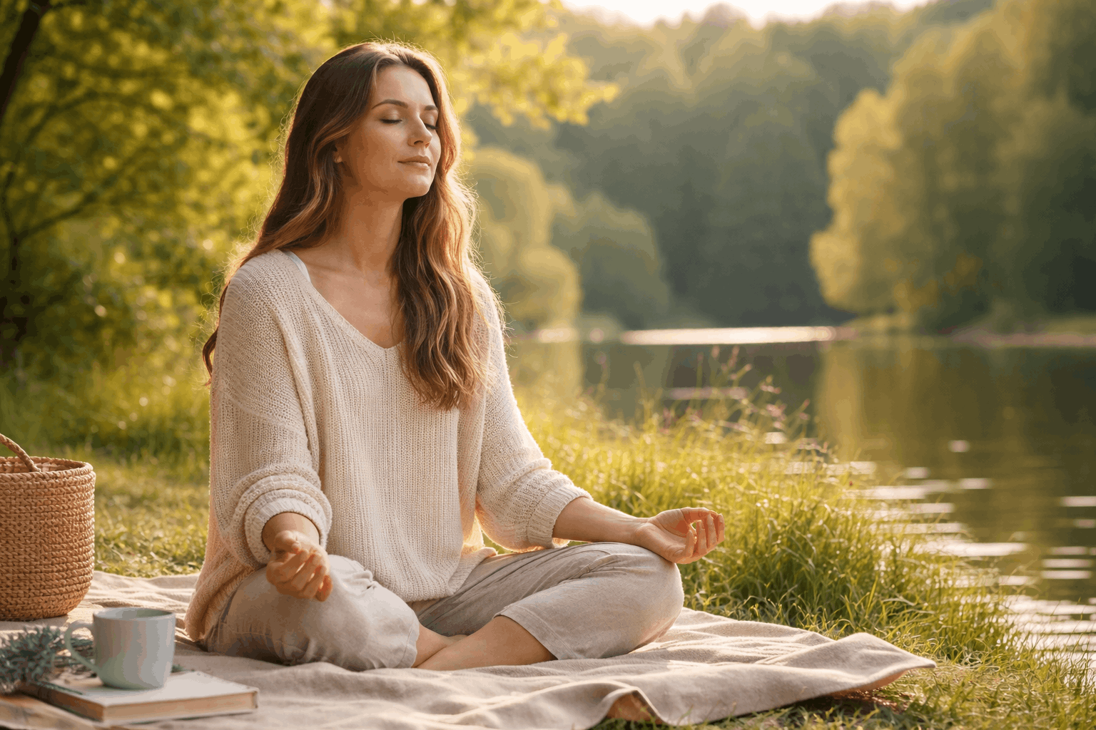 Frau meditiert entspannt am See in der Natur bei Sonnenlicht zur Stressreduktion und Beruhigung des Nervensystems