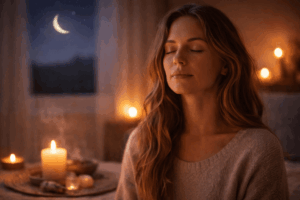 Frau in Meditation beim Neumond Ritual für innere Ruhe und zur Beruhigung des Nervensystems