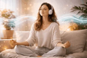 Frau in Meditation mit Kopfhörern hört binaurale Beats zur Regulierung der Gehirnwellen und Beruhigung des Nervensystems