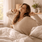 Frau sitzt morgens müde im Bett und streckt sich bei Sonnenlicht trotz genug Schlaf erschöpft aufwachen