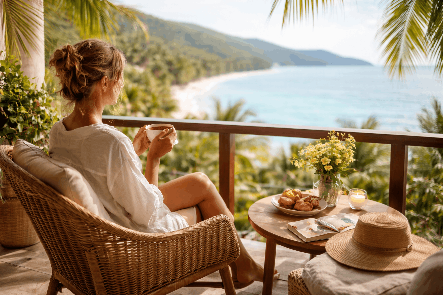 Frau genießt ruhige Auszeit im Urlaub in der Natur – Entspannung im Urlaub und Stressabbau durch bewusste Pause
