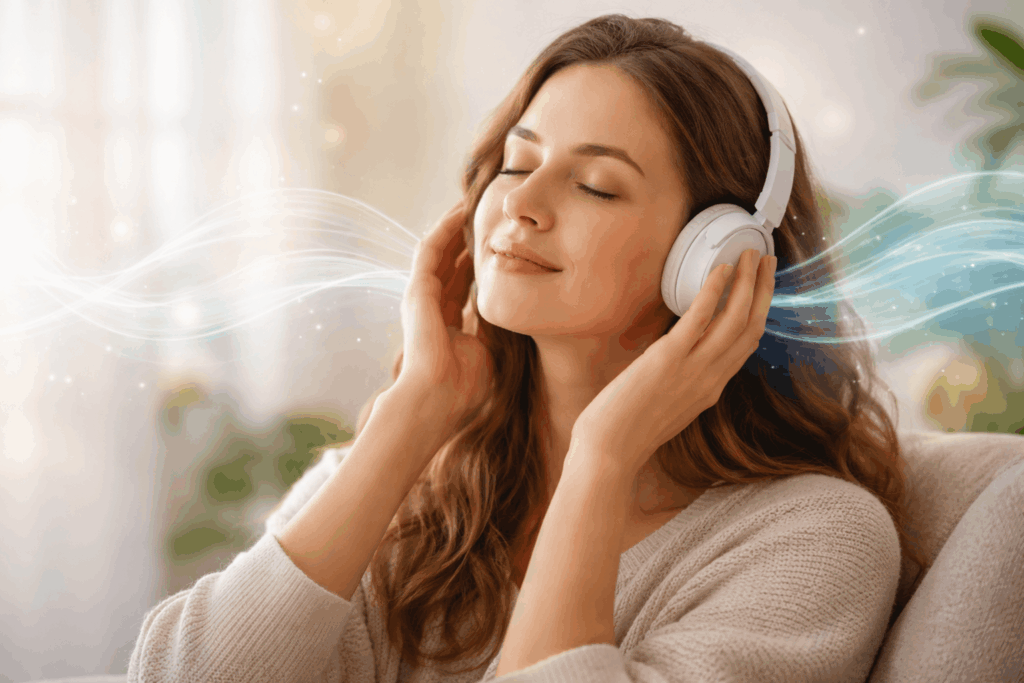 Frau hört binaurale Beats mit Kopfhörern zur Beruhigung des Nervensystems und zur Reduzierung von Angst