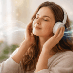 Frau hört binaurale Beats mit Kopfhörern zur Beruhigung des Nervensystems und zur Reduzierung von Angst