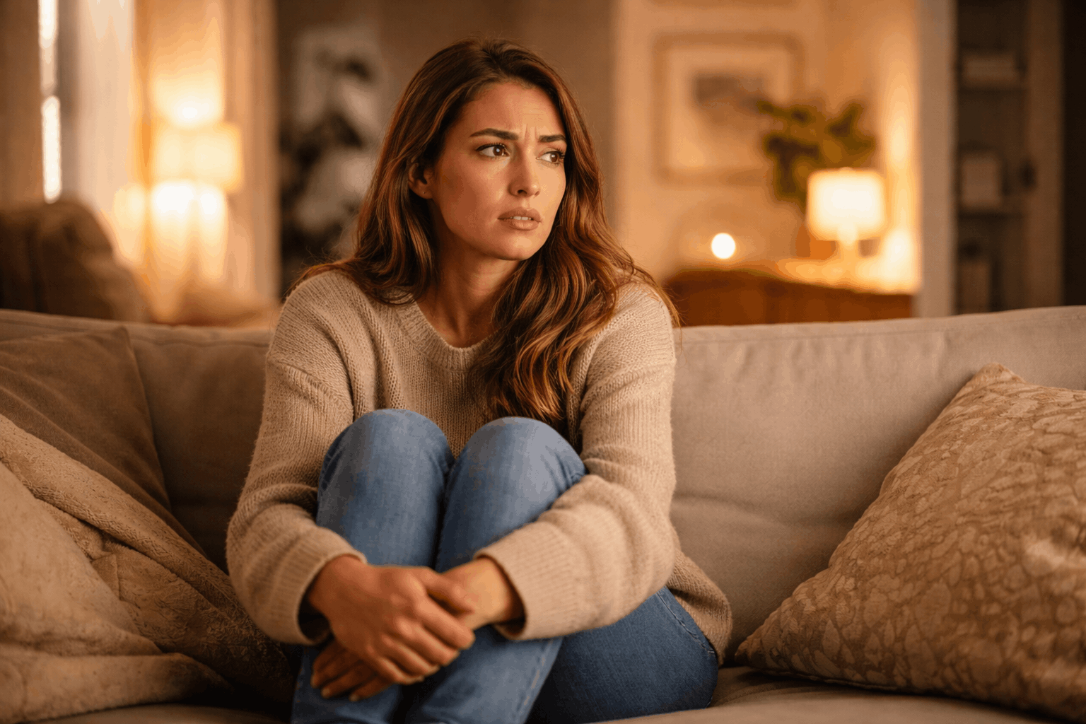 Frau sitzt angespannt auf dem Sofa mit innerer Unruhe bei Vitamin B12 Mangel und Stress