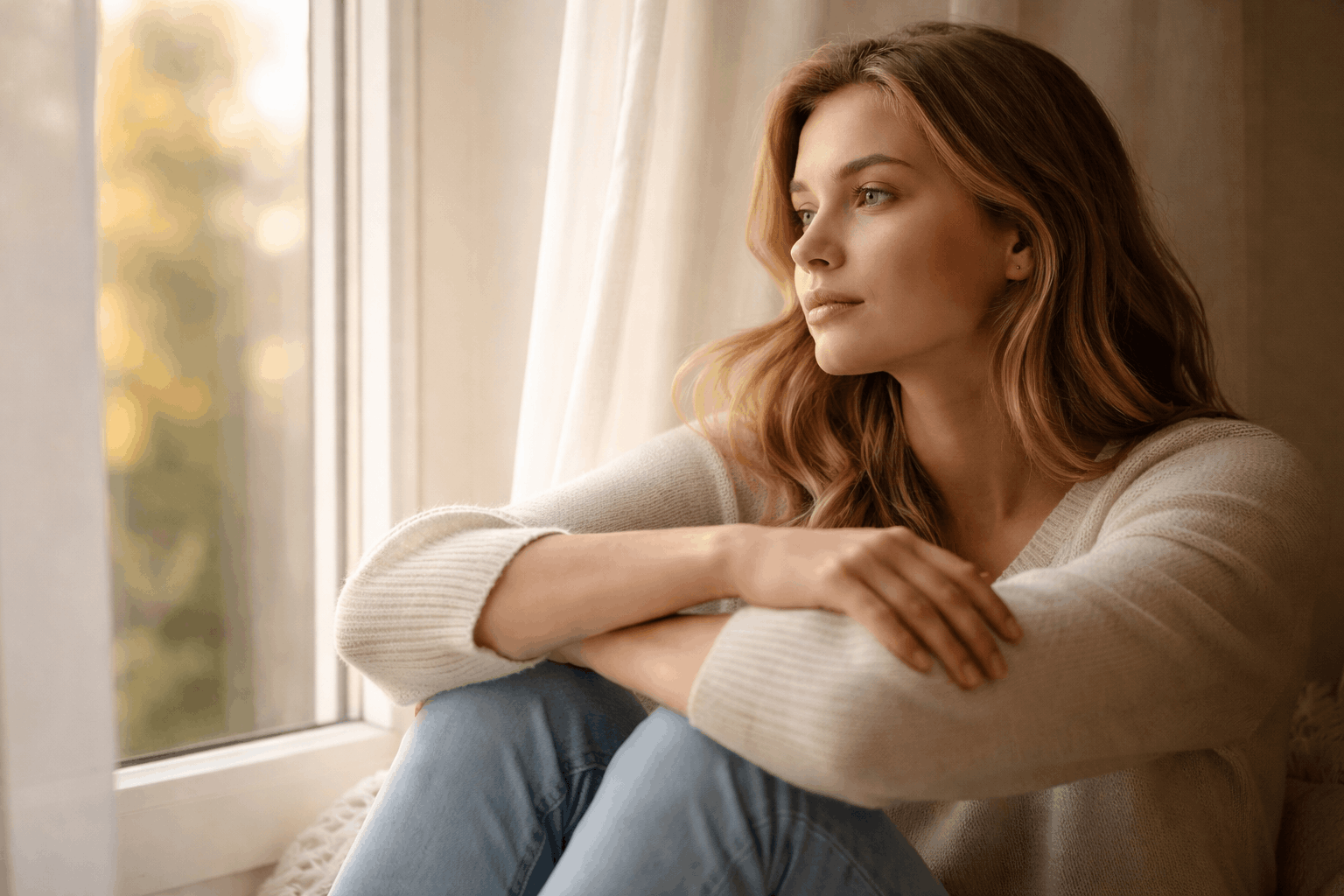 Nachdenkliche Frau sitzt am Fenster im warmen Licht – Symbol für Stimmungsschwankungen bei Vitamin D Mangel