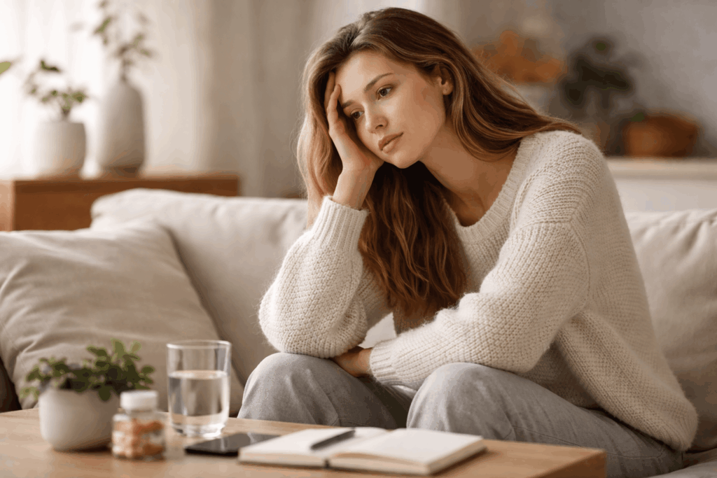 Erschöpfte Frau mit nachdenklichem Blick – chronische Müdigkeit und mögliche Schilddrüsenprobleme im Alltag