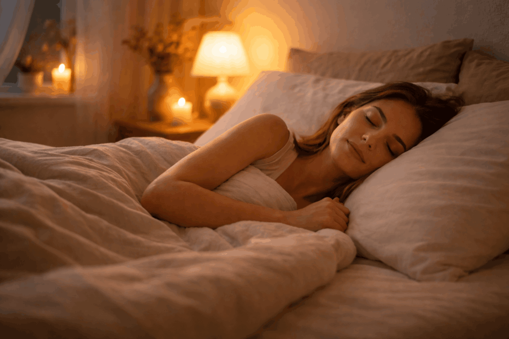 Entspannte Frau schläft ruhig im Bett bei warmem Licht gegen nächtliches Aufwachen um 3 Uhr