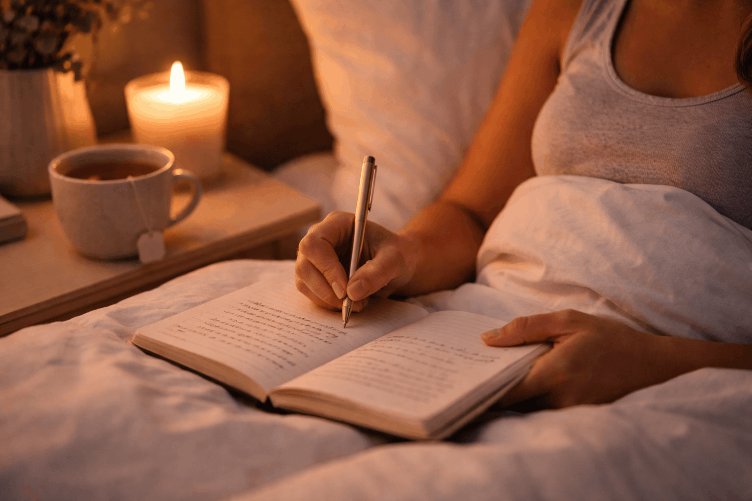 Frau schreibt Gedanken in Notizbuch im Bett bei Kerzenlicht Grübeln stoppen Gedankenkarussell lösen