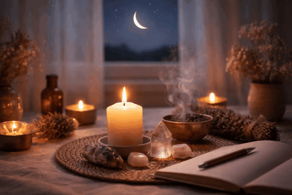 Frau bei Neumond Ritual mit Kerze für innere Ruhe und Loslassen, achtsame Abendstimmung zur Beruhigung des Nervensystems