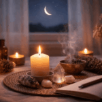 Frau bei Neumond Ritual mit Kerze für innere Ruhe und Loslassen, achtsame Abendstimmung zur Beruhigung des Nervensystems