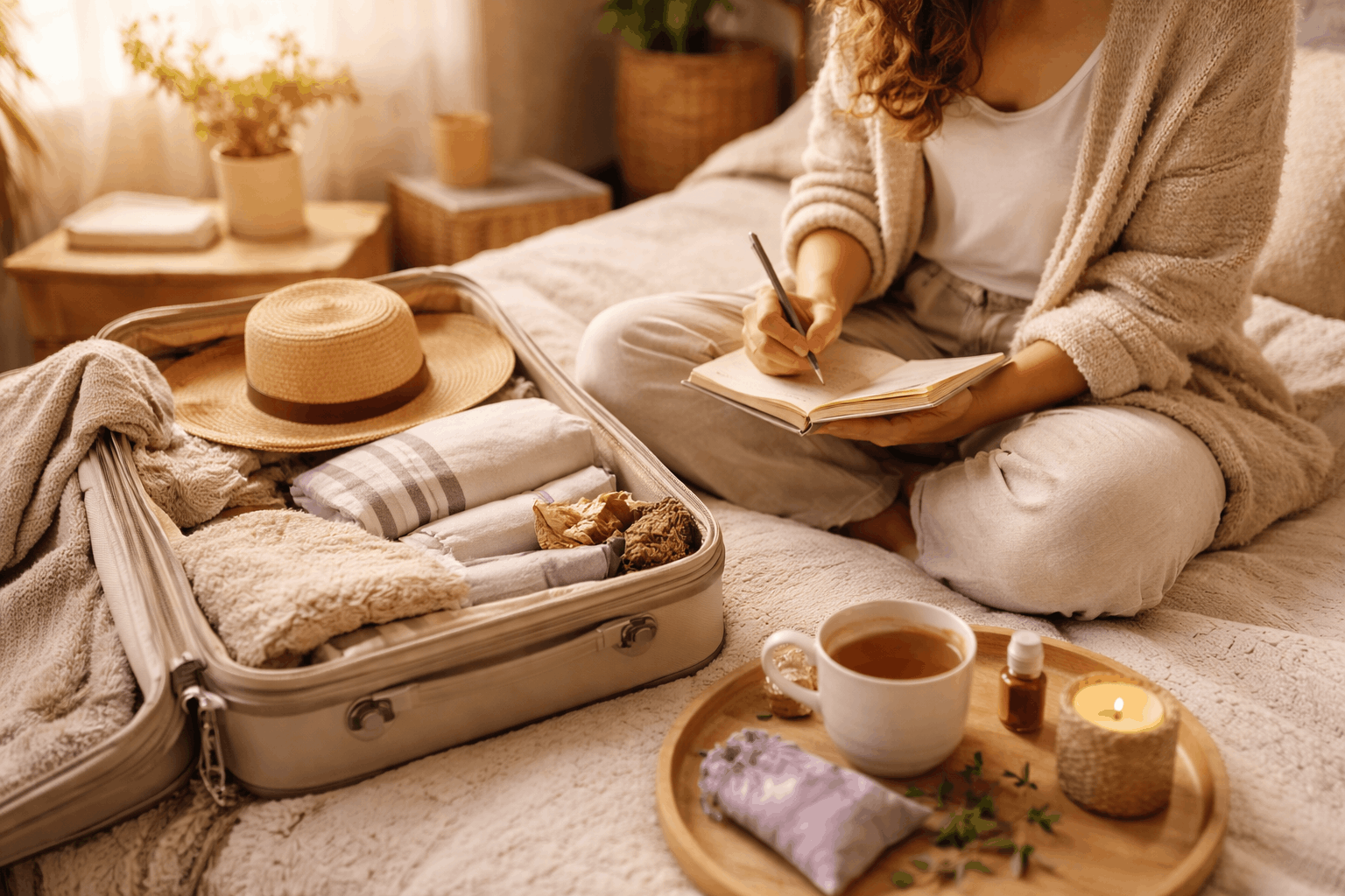 Frau packt entspannt Koffer zu Hause zur stressfreien Reise und beruhigt ihr Nervensystem