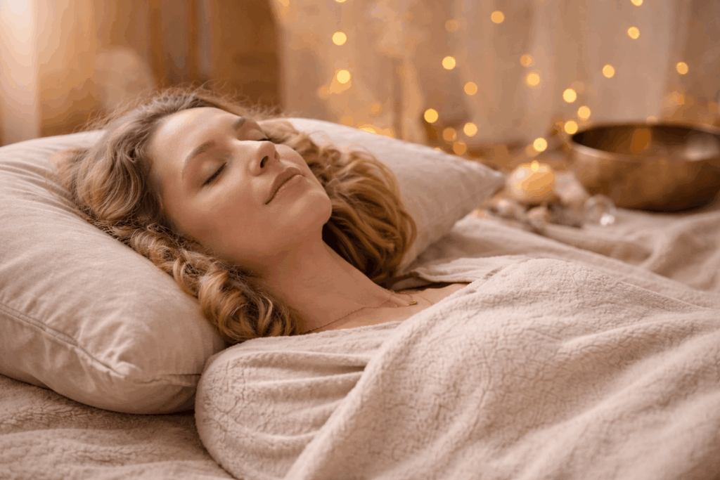 Entspannte Frau bei Klangbad erlebt tiefe Ruhe und Nervensystem Entspannung