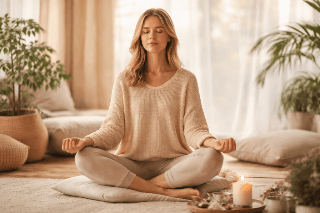 Frau sitzt entspannt in ruhiger Umgebung und praktiziert Achtsamkeit für mehr innere Ruhe im Alltag