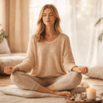 Frau sitzt entspannt in ruhiger Umgebung und praktiziert Achtsamkeit für mehr innere Ruhe im Alltag