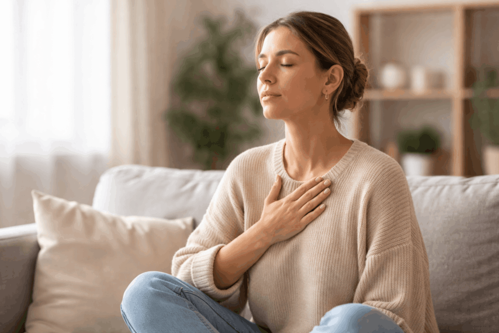 Frau beruhigt sich mit Atemübung bei Panikattacke auf Sofa und reguliert ihr Nervensystem