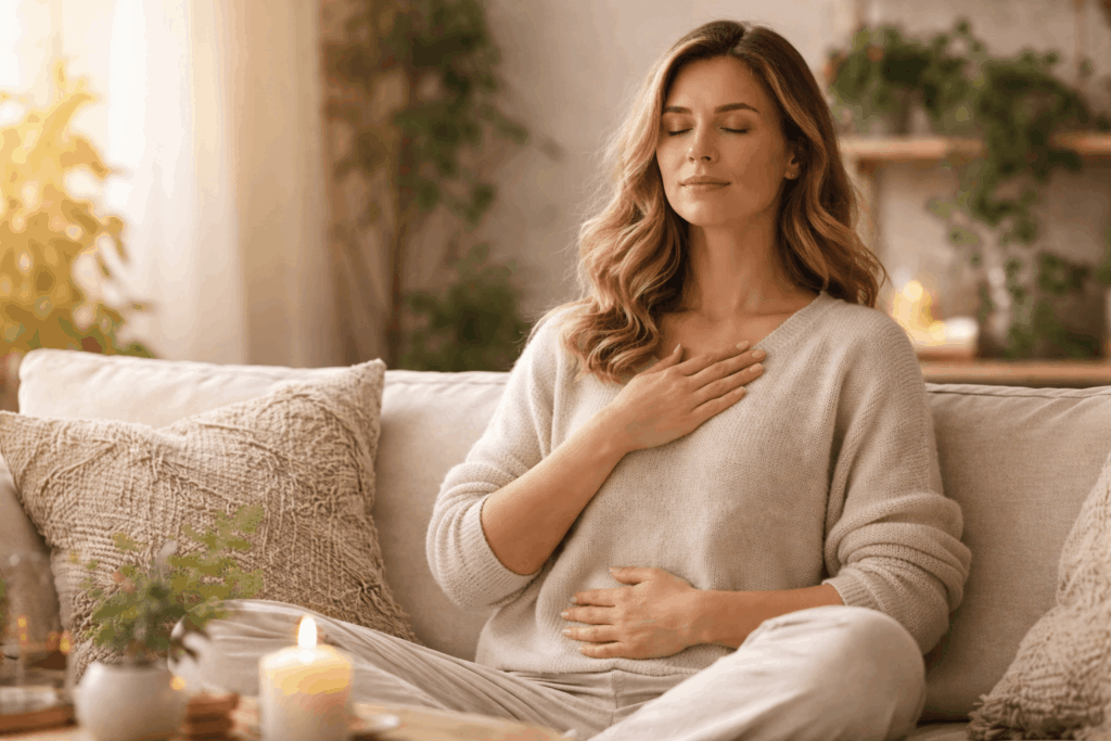 Frau mit geschlossenen Augen legt Hand auf Herz und Bauch zur Aktivierung des Vagusnervs und Beruhigung des Nervensystems