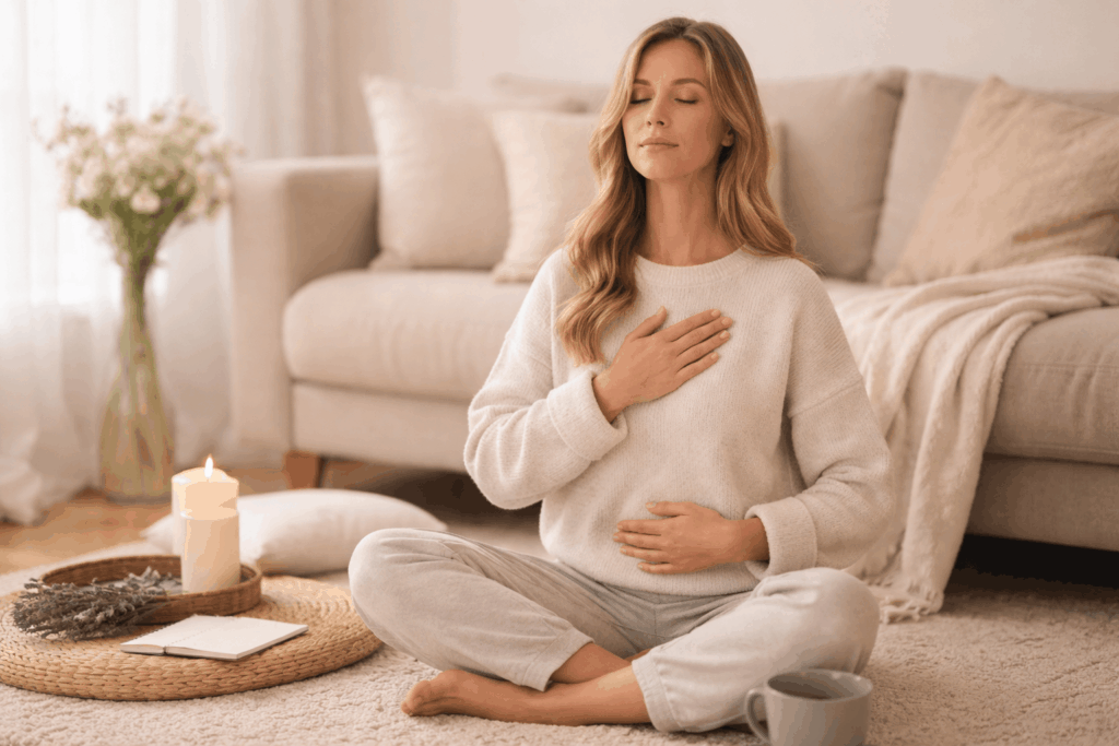 Frau sitzt entspannt im Wohnzimmer und reguliert ihr Nervensystem für mehr Energie und Stressabbau im Alltag