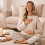 Frau sitzt entspannt im Wohnzimmer und reguliert ihr Nervensystem für mehr Energie und Stressabbau im Alltag