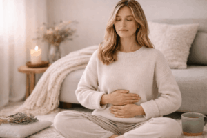 Frau sitzt ruhig im Schneidersitz und atmet bewusst zur Regulierung des Nervensystems und zum Loslassen von Kontrolle und Angst