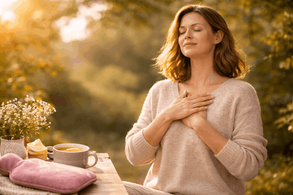 Frau entspannt in der Natur mit geschlossenen Augen und beruhigtem Nervensystem bei Blähbauch durch Stress
