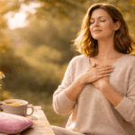 Frau entspannt in der Natur mit geschlossenen Augen und beruhigtem Nervensystem bei Blähbauch durch Stress