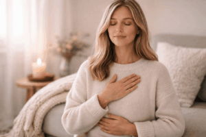 Frau sitzt ruhig mit geschlossenen Augen und entspanntem Atem als Symbol für Kontrolle loslassen, Angst reduzieren und Nervensystem regulieren