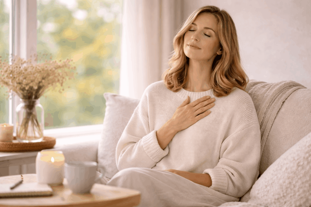 Frau wirkt überfordert durch Reizüberflutung und findet Ruhe durch bewusste Entspannung im Alltag