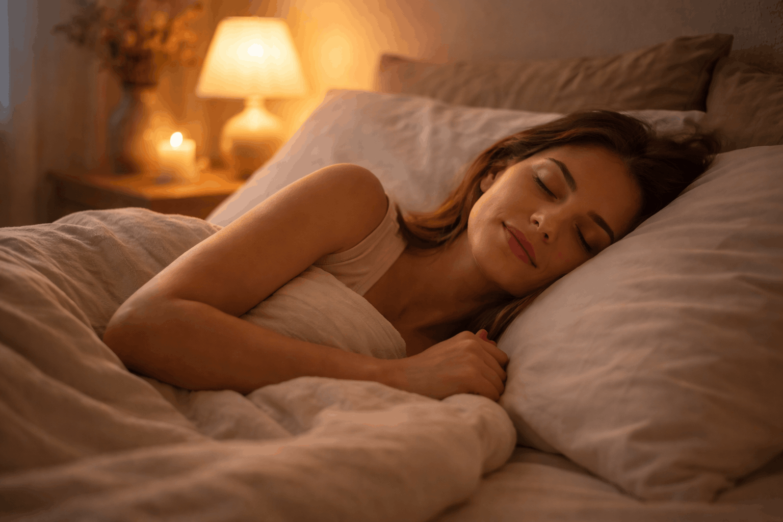 Person liegt entspannt im Bett mit geschlossenen Augen für besseren Schlaf und weniger nächtliches Aufwachen um 3 Uhr