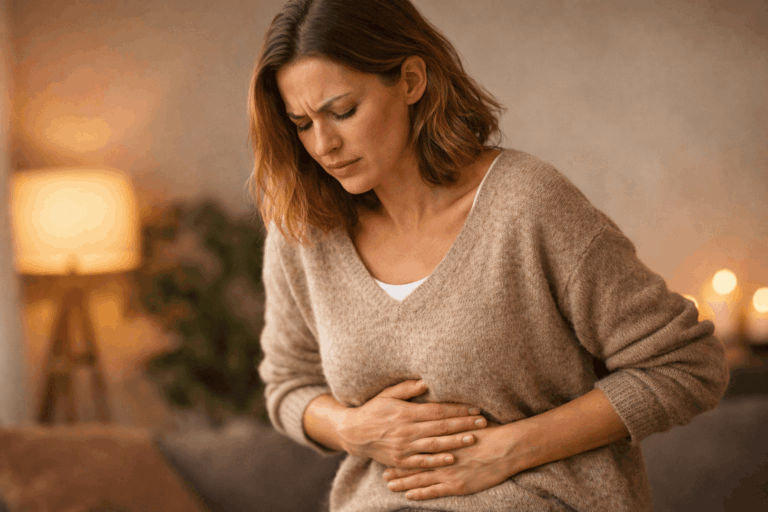 Frau hält sich den Bauch bei Blähbauch durch Stress und angespanntem Nervensystem