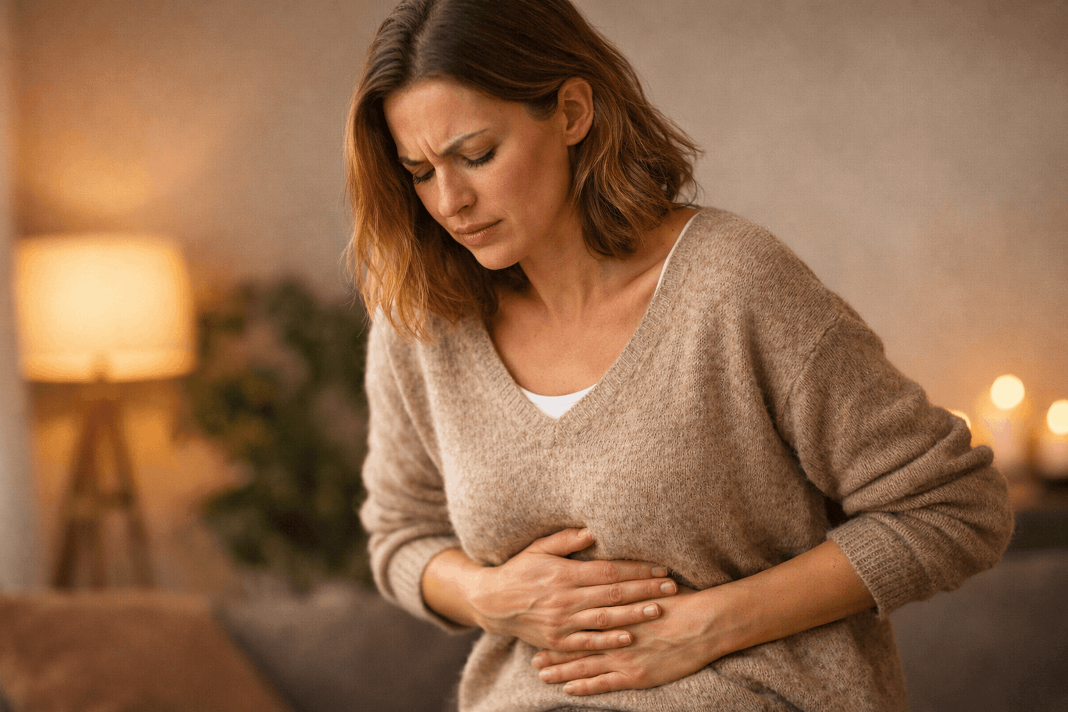 Frau hält sich den Bauch bei Blähbauch durch Stress und angespanntem Nervensystem