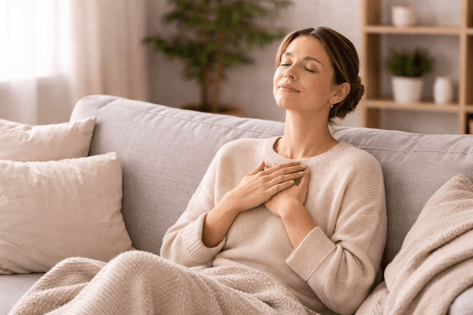 Entspannte Frau sitzt ruhig und fühlt innere Ruhe nach Beruhigung einer Panikattacke