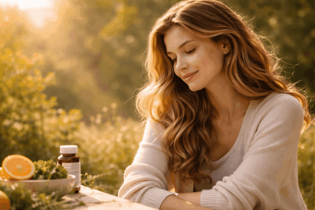 Frau im warmen Sonnenlicht draußen – Vitamin D natürlich aufbauen und Stimmung verbessern bei Mangel