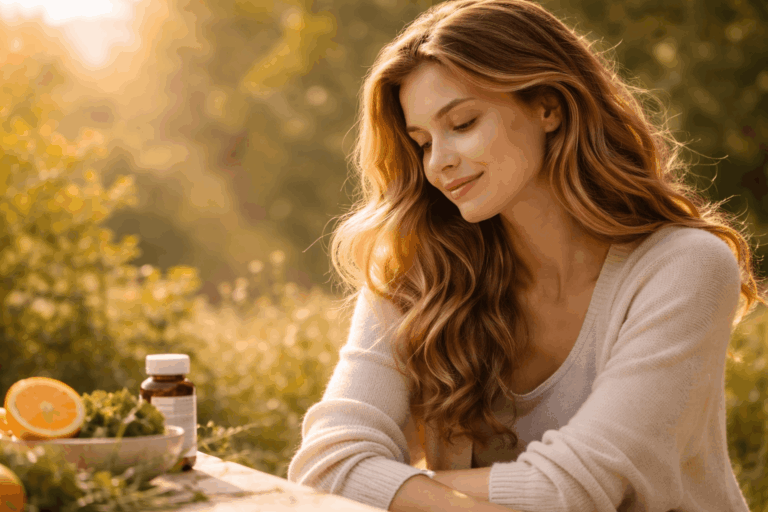 Frau im warmen Sonnenlicht draußen – Vitamin D natürlich aufbauen und Stimmung verbessern bei Mangel