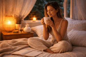 Frau bei ruhiger Abendroutine im Sommer mit gedimmtem Licht als Symbol für Nervensystem beruhigen und besser schlafen bei Sommerhitze