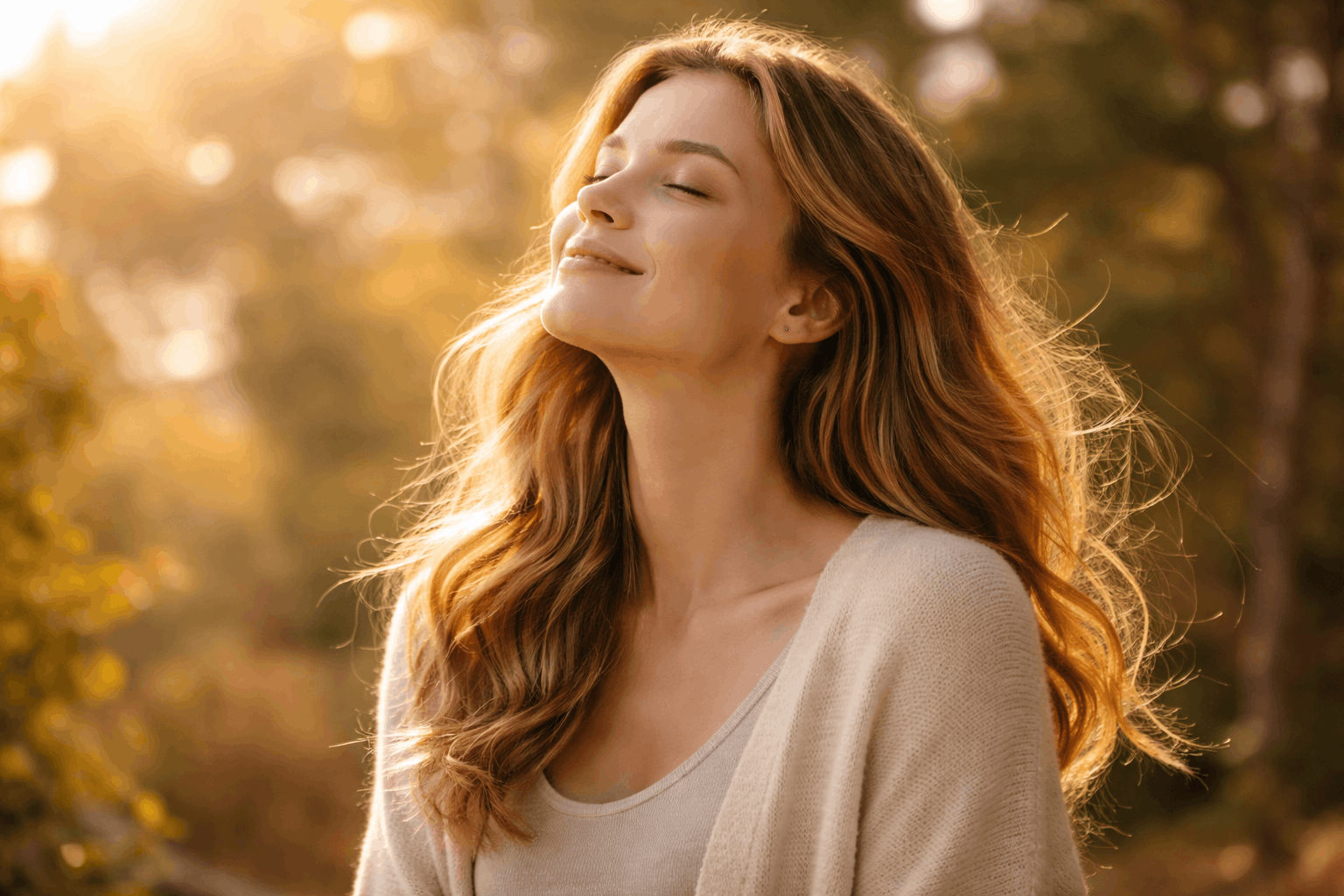 Frau genießt Sonnenlicht im Freien – Hoffnung und bessere Stimmung durch Vitamin D bei Mangel