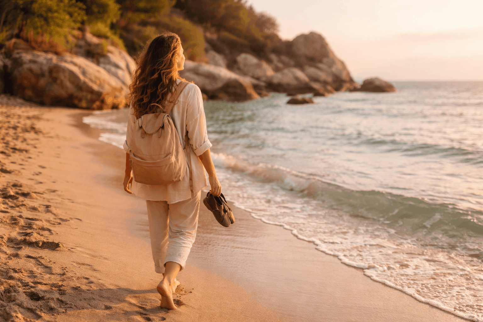 Frau kommt entspannt am Urlaubsort an und beruhigt ihr sensibles Nervensystem