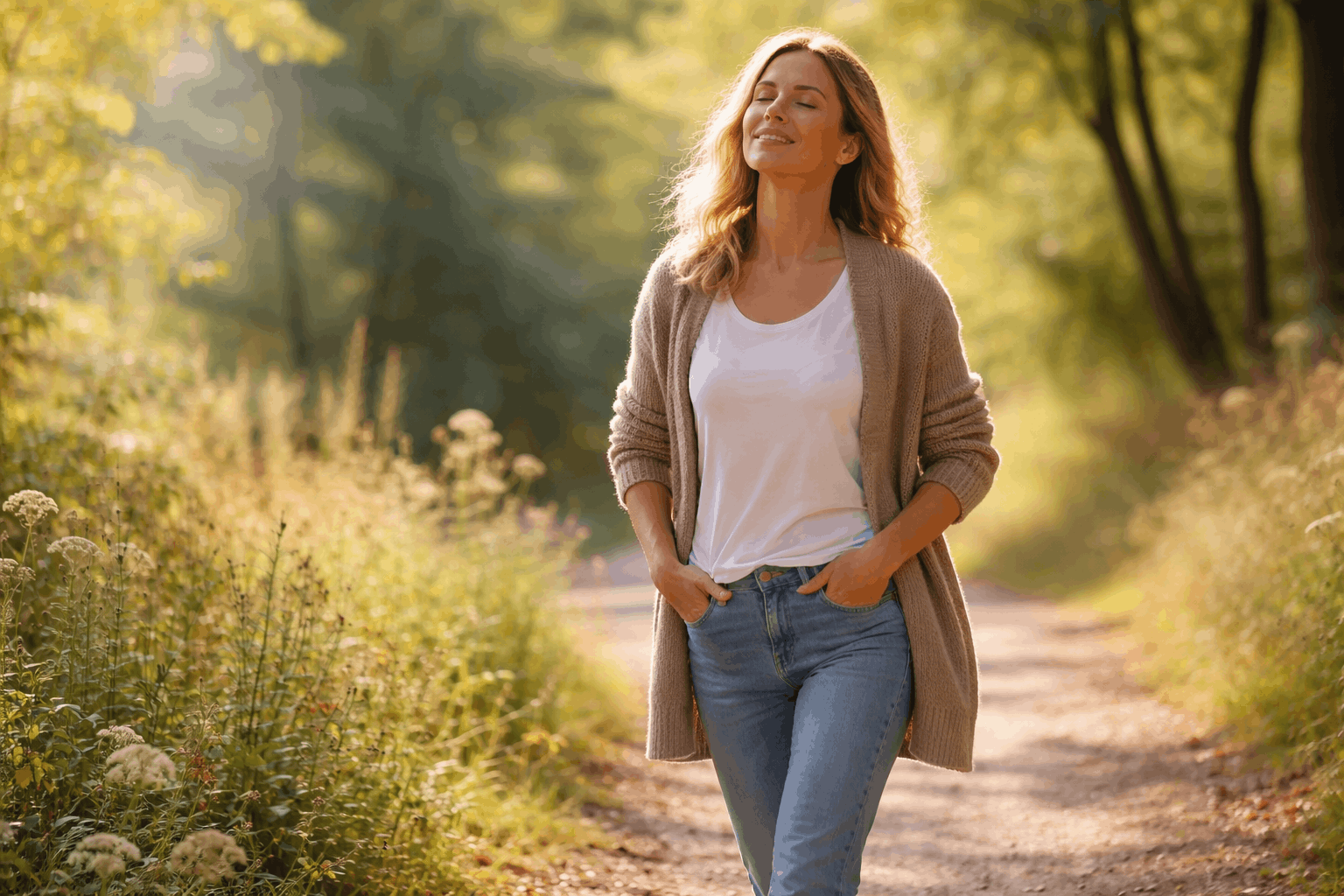 Mama beim Spaziergang im Wald zur Stressreduktion und Nervensystem-Regulation bei Burnout und Erschöpfung